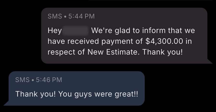Sandblasting shop customer text confirming a $4,300 payment on a new blasting estimate