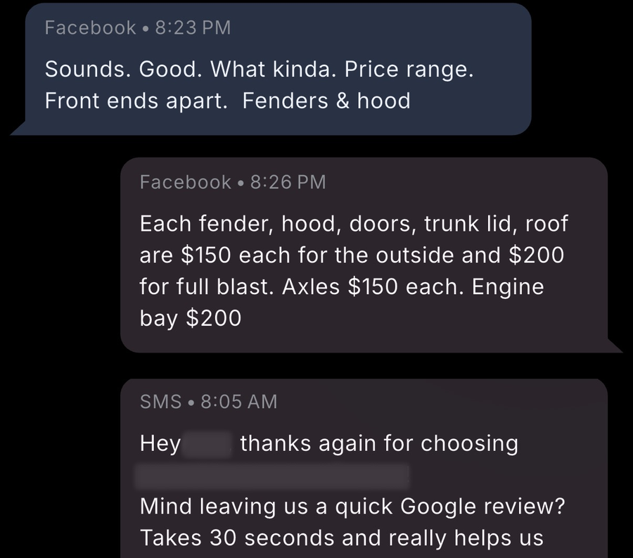 Media blasting lead asking for a price range on fenders and hood, quoted per panel, then booked as a paying customer